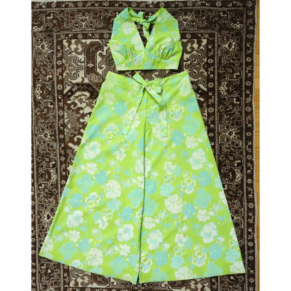 Vtg 60s 70s Lilly Pulitzer Green Cyan Pansies Halter Crop Wide Leg Pants Set 8 M - Picture 6 of 9